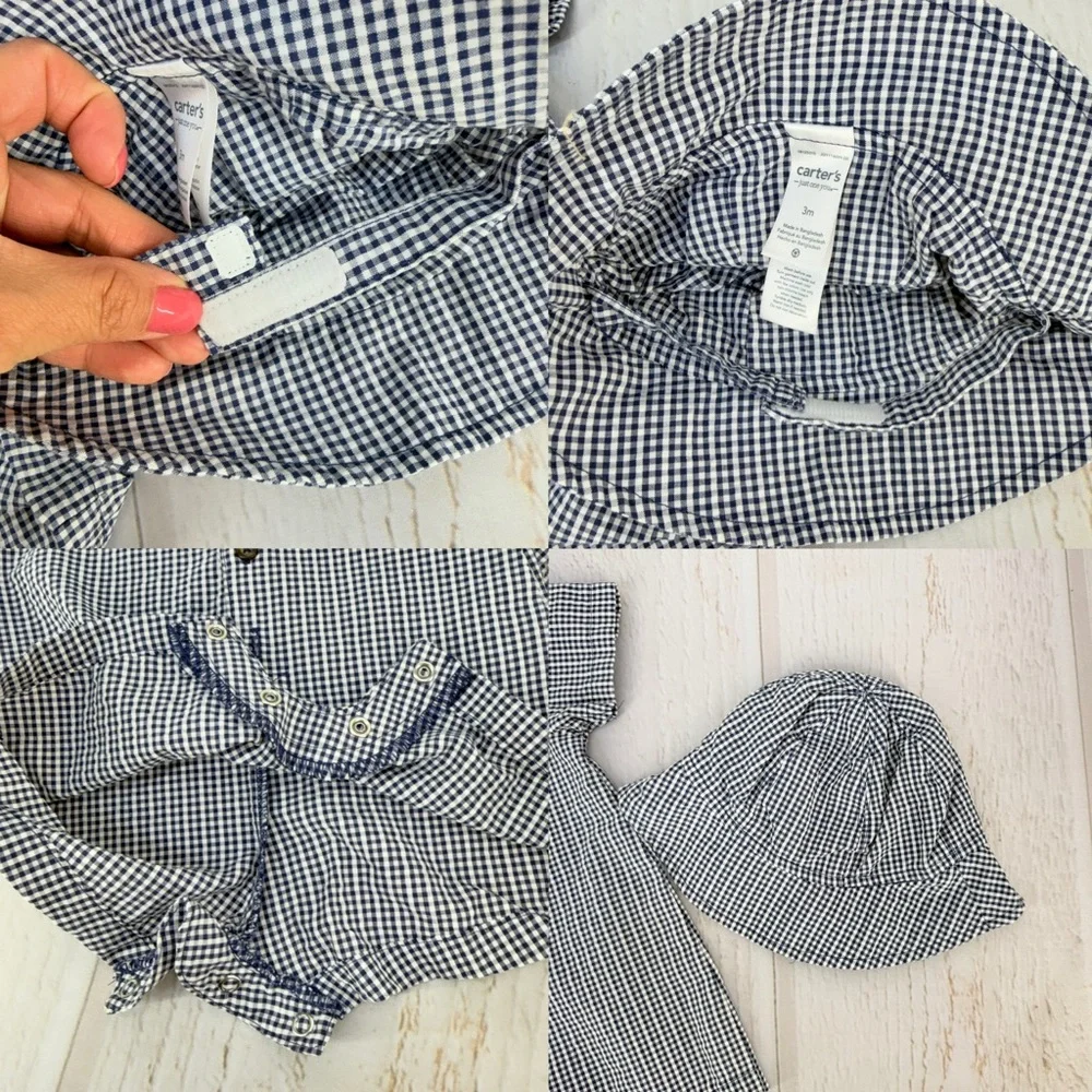 Carter’s‎ 3M Gingham Romper + Hat Baby Outfit Blue White Pre-Owned